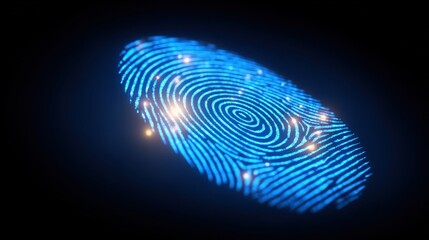 A vibrant blue digital fingerprint is displayed against a black background. The intricate lines create an engaging pattern, with small lights enhancing its design.