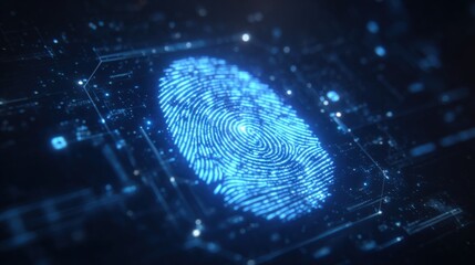A blue digital fingerprint is illuminated against a dark background, representing biometric technology. This scene captures data points and circuitry, highlighting advanced identification methods.