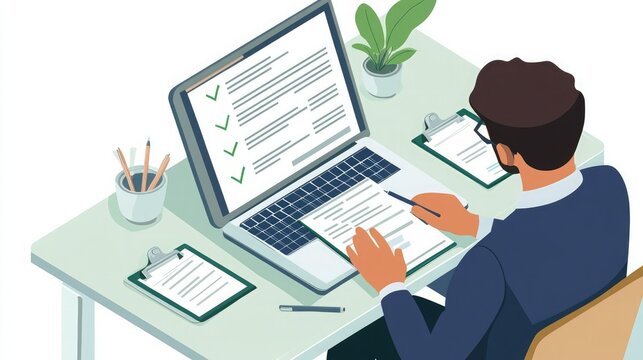 Man working at a desk with a laptop and checklist