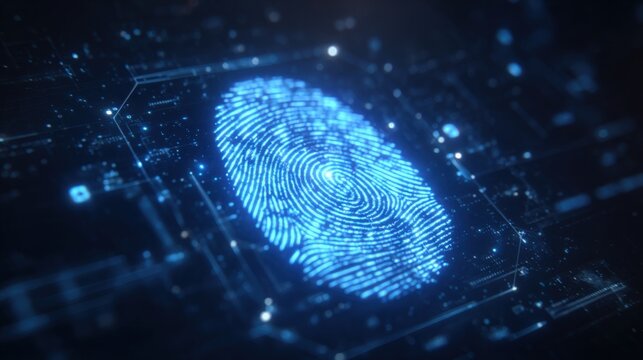 A blue digital fingerprint is illuminated against a dark background, representing biometric technology. This scene captures data points and circuitry, highlighting advanced identification methods.