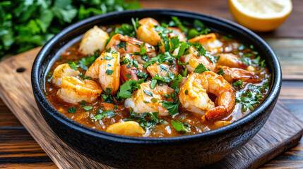 Fototapeta premium Shrimp stew with saffron broth, parsley garnish and lemon, rustic seafood bowl