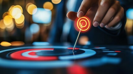Hand holding a glowing target over a futuristic digital display with bokeh lights