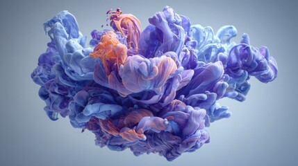 Vibrant shades of purple and orange swirl together in a captivating cloud-like formation. The soft textures and fluid movement create a mesmerizing visual effect, showcasing artistic beauty.