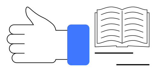 Hand giving a thumbs-up alongside an open book with lines representing text. Ideal for education, approval, knowledge-sharing, motivation, feedback, learning, and achievement concepts. Simple flat