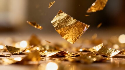 Golden confetti pieces floating and scattered on a reflective surface with soft lighting