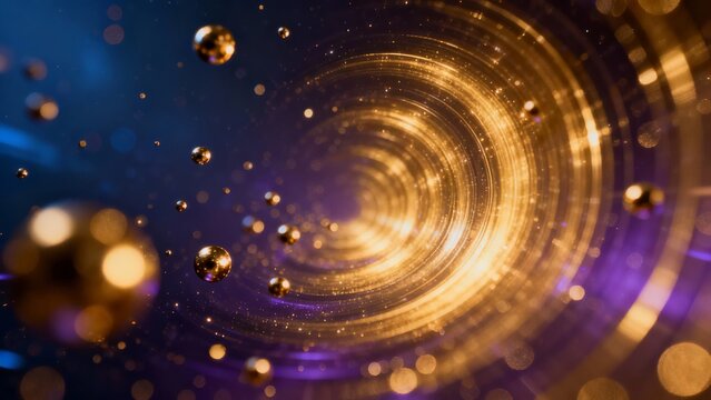 Abstract golden spiral with glowing particles and bokeh effects on a dark background