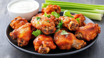 Fototapeta premium Spicy buffalo chicken wing with celery and creamy ranch dip, savory and appetizing