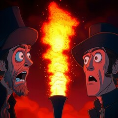 Astonished Men Witnessing Fiery Torch in Dark Night Pixel Art