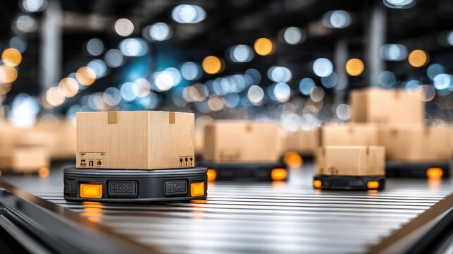 Boxes are rolling along a conveyor belt in a bustling warehouse. Bright lights reflect on the packages as they prepare for shipping. The atmosphere is active with efficient movement.