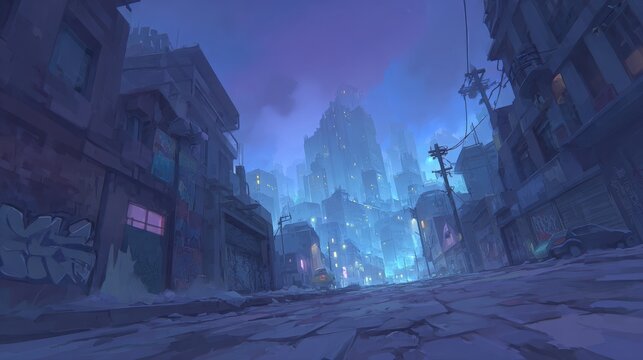 An empty, dimly lit street stretches through a futuristic city at dusk. Tall buildings loom in the background, shrouded in purple hues. - Powered by Adobe