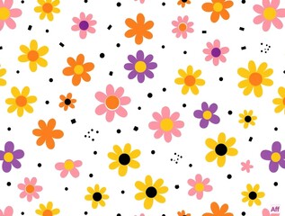 Obraz premium Seamless pattern of colorful cartoon flowers and black dots on a white background