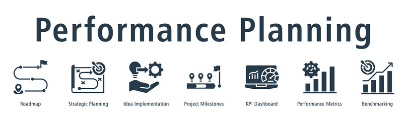 Performance Planning web banner icon vector illustration concept with icon of roadmap, idea implementation, project milestones, KPI dashboard, performance metrics, benchmarking, and planning.