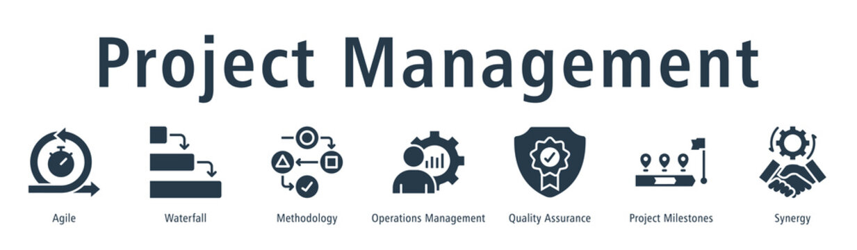 Project management web banner icon vector illustration concept with icon of agile, waterfall, methodology, operations management, quality assurance, project milestones, and synergy.