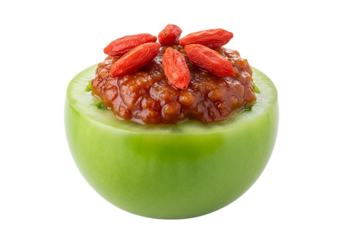 Green tomato stuffed with savory paste and goji berries