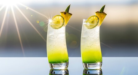 Two refreshing tropical cocktails with pineapple and lime garnishes on a sunny day.
