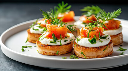Smoked salmon canapes with creamy cheese and fresh dill, elegant appetizer