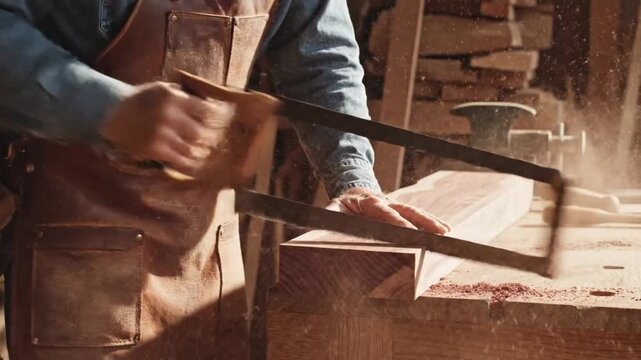 a master carpenter's hands making a perfect cut with a handsaw on a piece of exotic wood