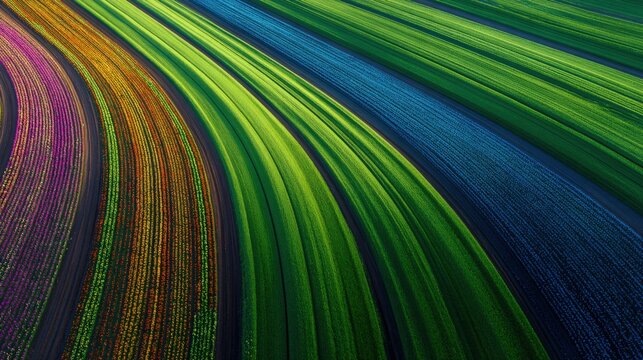 A vibrant patchwork of tulip fields displays rich colors in sweeping lines. The scene captures the beauty of spring as flowers bloom, showcasing natures artistry.
