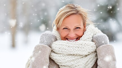 Smiling middle-aged woman wrapped in large white knitted scarf on snowy day. Warm winter mood with falling snow