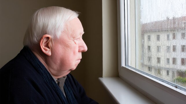 Older man with white hair gazing through rain-covered window. Senior portrait conveying quiet mood, aging and solitude