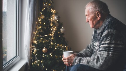 Elderly man holding cup while sitting beside lit Christmas tree. Reflective and quiet mood