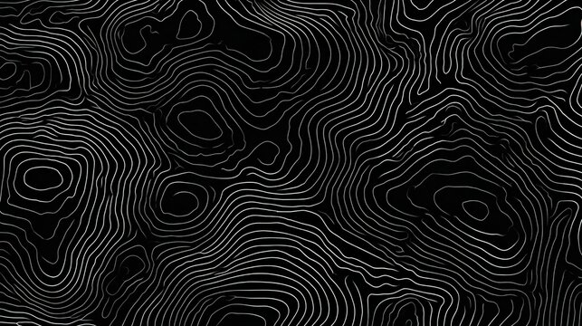 Curved white lines create a detailed topographic design on a black background, showing the flow and elevation of the landscape. This abstract pattern highlights natural formations. - Powered by Adobe