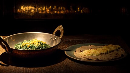 A Warm Indian Meal Spinach With Corn and Fresh Flatbread