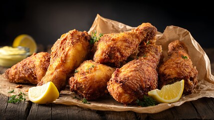 Crispy Fried Chicken Pieces Served with Lemon and Herbs.
