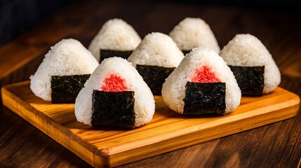 Delicious Japanese Onigiri Rice Balls with Seaweed and Red Filling
