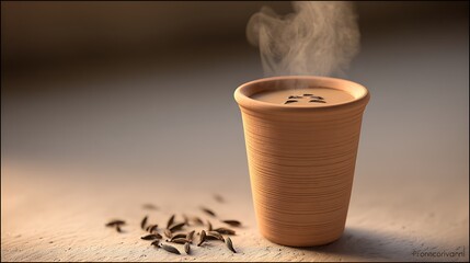 Steaming Cup of Chai with Spice Seeds and Warm Light