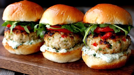 Delicious Mini Chicken Burgers with Fresh Greens and Creamy Sauce.