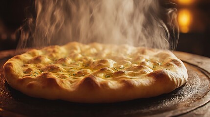 Warm, Steaming Flatbread Freshly Baked With Herbs and Oil