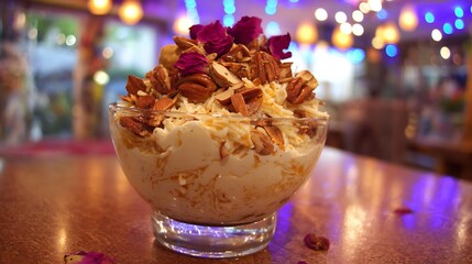 Delicious Dessert with Nuts and Rose Petals on a Blurred Background
