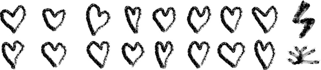 Rough hand-drawn hearts with charcoal texture