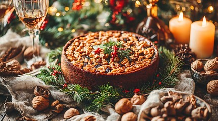 Cozy Christmas Cake with Walnuts and Pine Needles on Festive Table