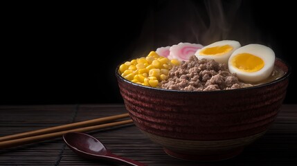 Delicious Bowl of Hot Ramen Noodles With Egg, Corn, and Meat