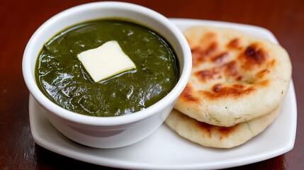 Delicious Palak Paneer with Naan Bread and Butter