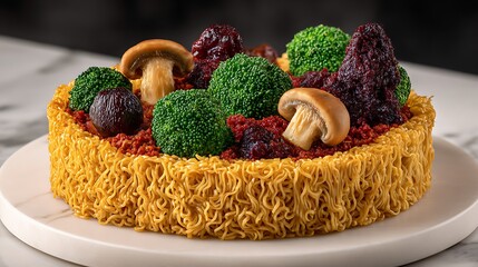 A Creative Noodle Cake Topped With Fresh Vegetables And Mushrooms