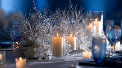 Winter Night Table Setting with Candles and Frosted Branches.