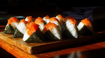 Delicious Salmon Onigiri Ready to Eat on a Wooden Board.