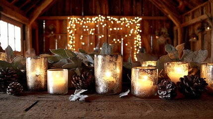 Cozy Barn Ambiance with Warm Candlelight and Twinkling Lights