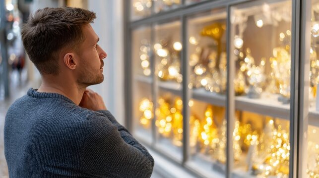 Man in patterned sweater standing near shop window at night. City lights, winter decorations, warm festive glow. Holiday shopping, urban lifestyle, evening retail ambiance