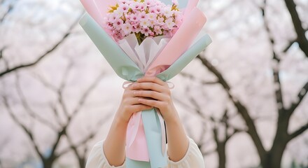 a bouquet of cherry blossoms tied in pastel pink paper is held tightly by a graduate. 