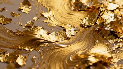 Golden leaf fragments swirling in a liquid medium, creating an abstract, textured pattern.