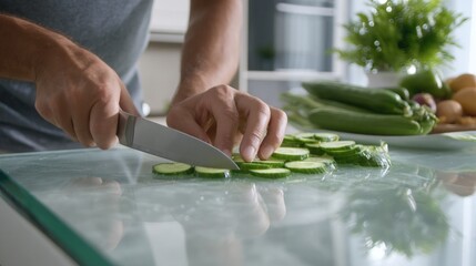 Man slicing fresh cucumbers on a glass cutting board in a bright modern kitchen