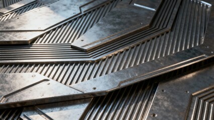 Close-up of industrial metal grating with geometric patterns and ribbed texture