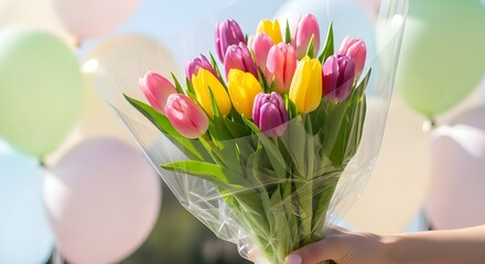 a hand holds a bouquet of tulips in pastel pink, yellow, and purple wrapped in transparent cellophane.