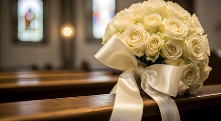 a round bridal bouquet of ivory white roses tied with satin ribbon rests on a wooden pew. 