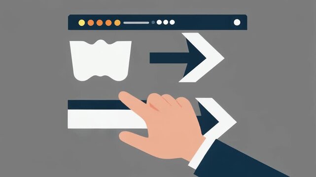 A stylized illustration depicting a hand interacting with a digital interface, showing data processing or content movement with an arrow.