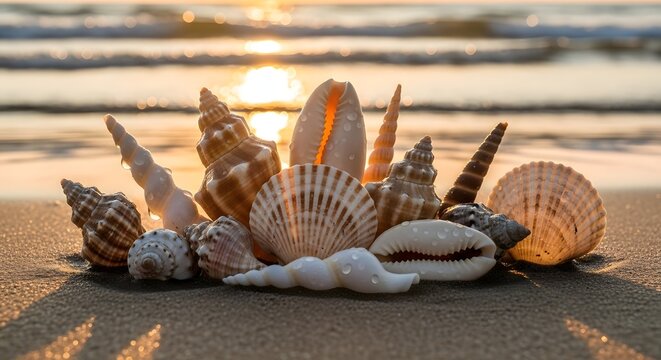 Seashells on a sandy beach at sunset, with the ocean in the background.
